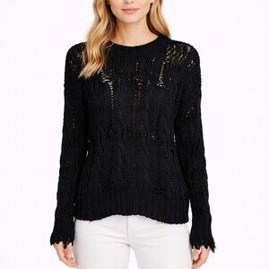 Sablyn Women Mitzy Distressed Cable Knit Sweater Black Cotton Silk  size XS